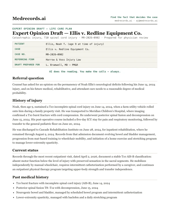 Catastrophic Injury Expert Opinion Draft Sample