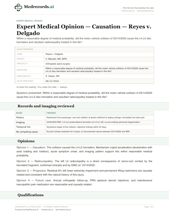 Medical Causation Expert Opinion Sample