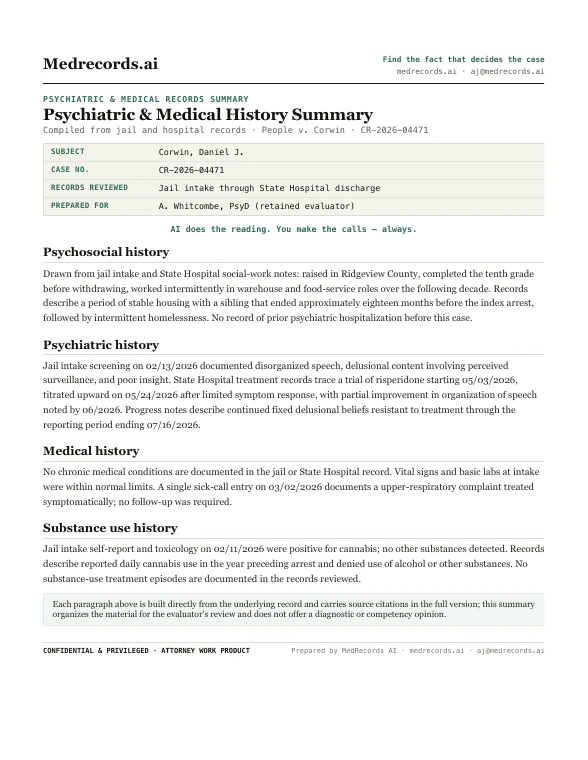 Psychiatric & Medical Records Summary Sample
