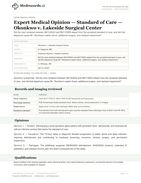 Standard of Care Expert Opinion Sample